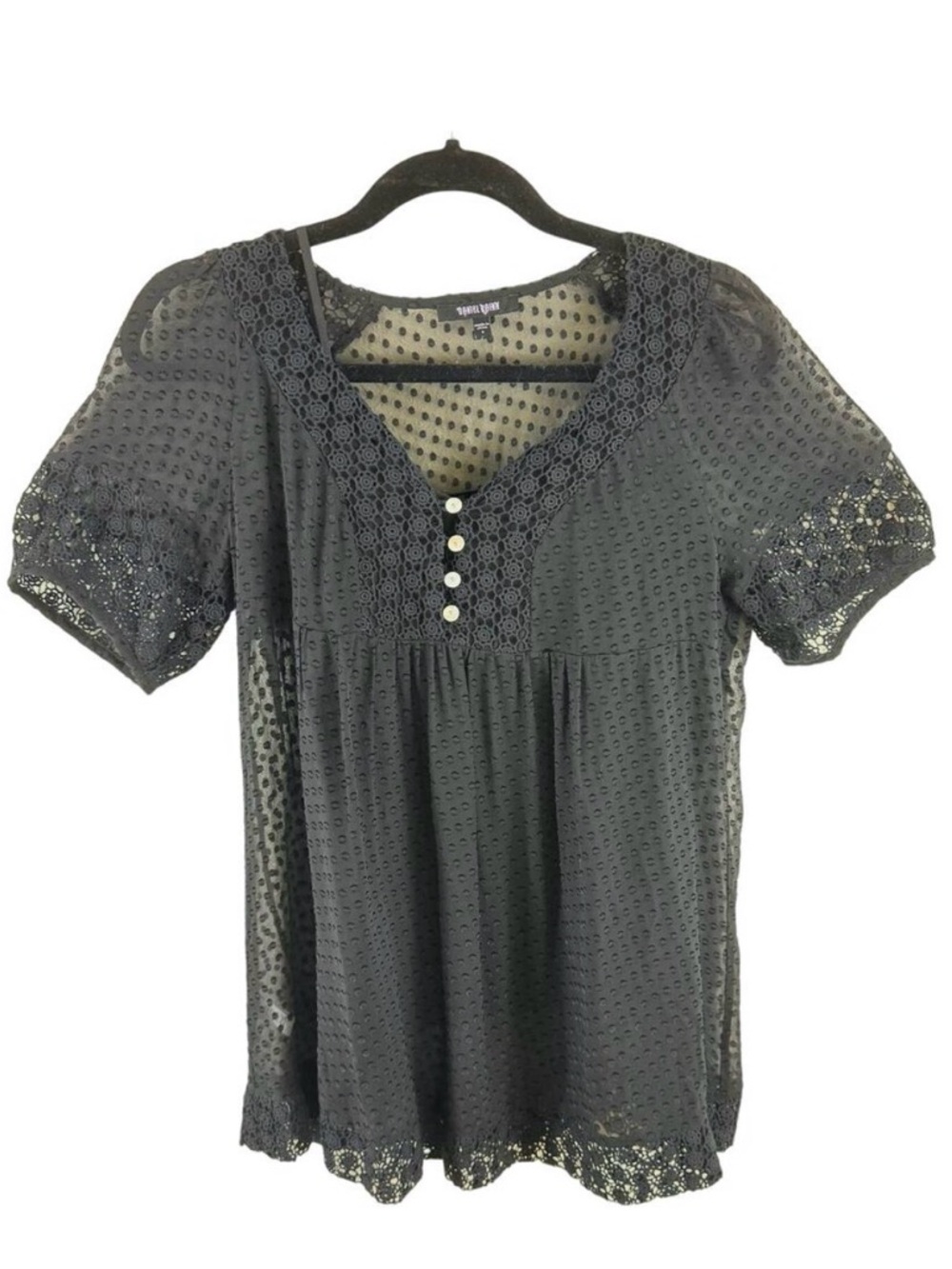 Daniel Rainn Black Sheer‎ Short Sleeve Crochet Detail Silk Blouse Tank Small